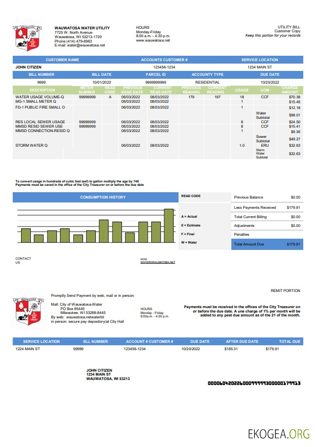 USA Wawatosa Water Utility utility bill template in Word and PDF format